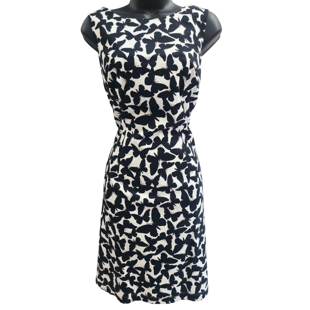 Talbots Womens Navy White Butterfly Print Cotton Pique Sheath Dress Pockets 6